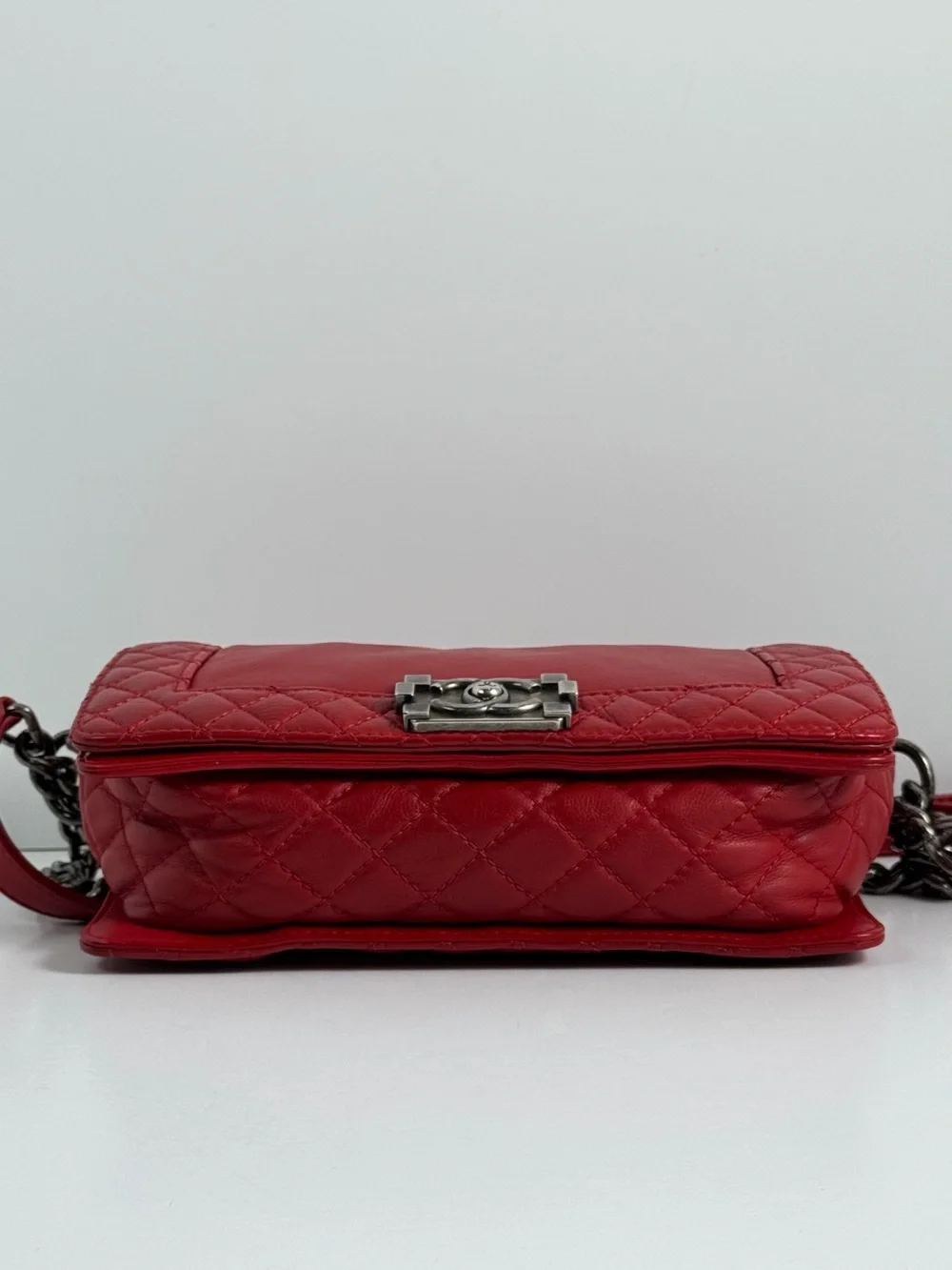 CHANEL Red Quilted Lambskin Chain Crossbody Boy Bag (comes with authentication)